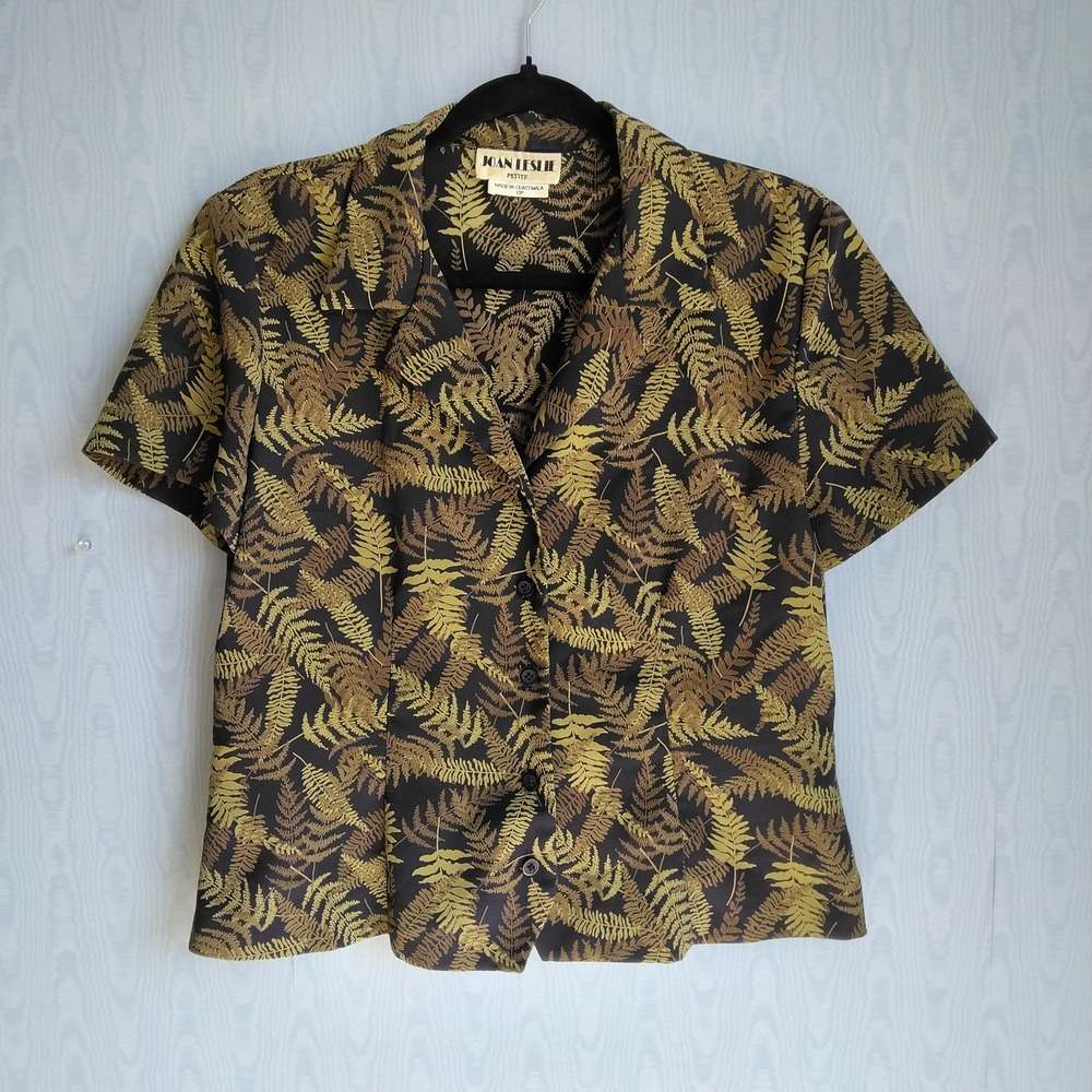 Vtg 80s Joan Leslie Women's 10P Leaf Print Short Sleeve Button Down‎ Fitted